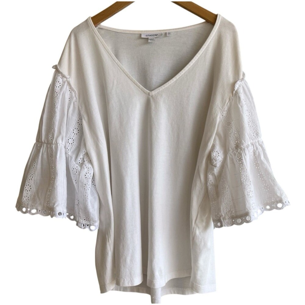 Chicos Womens V-Neck Top Size L White Eyelet Lace Bell Sleeve Peasant Cottage